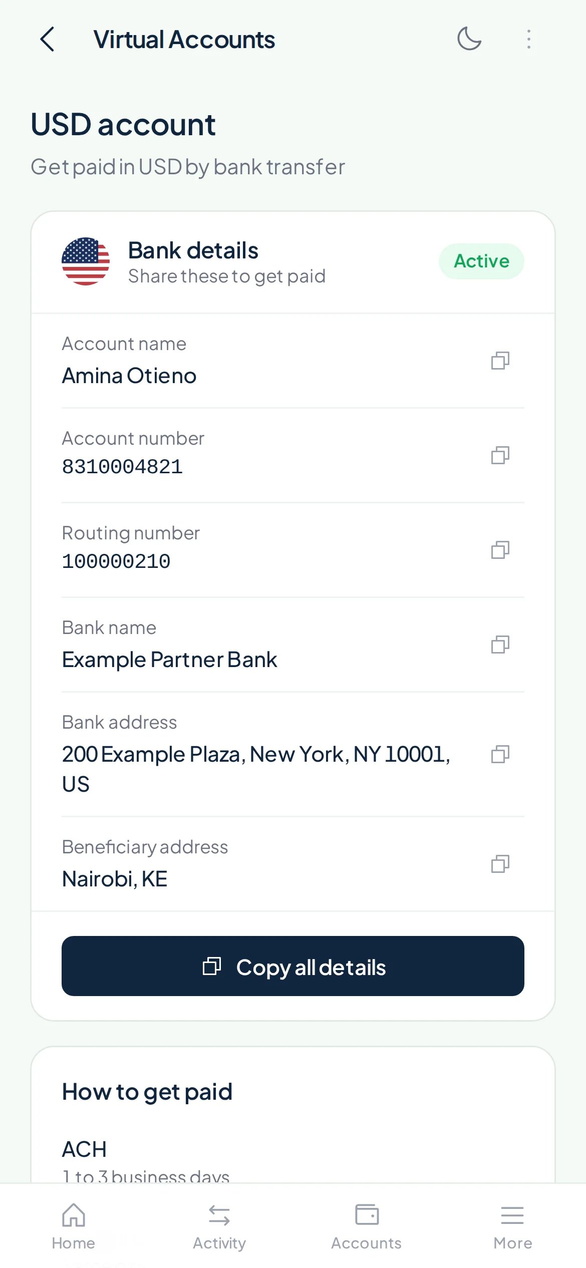 USD account details in the Payd app: account and routing numbers for ACH and wire